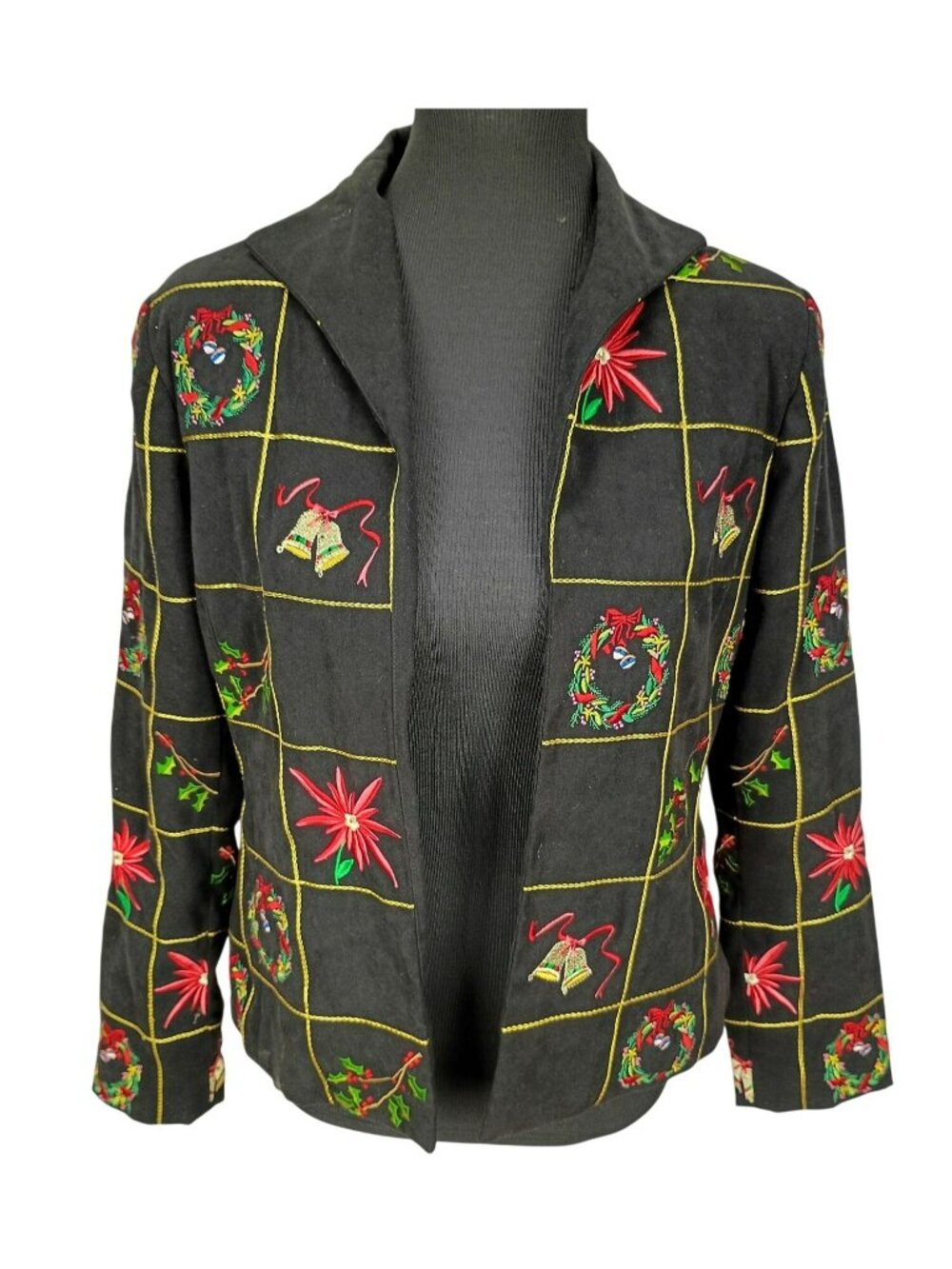 MAK New York Womens Holiday Jacket Wreath & Poinsettia Embroidery Black Size 10